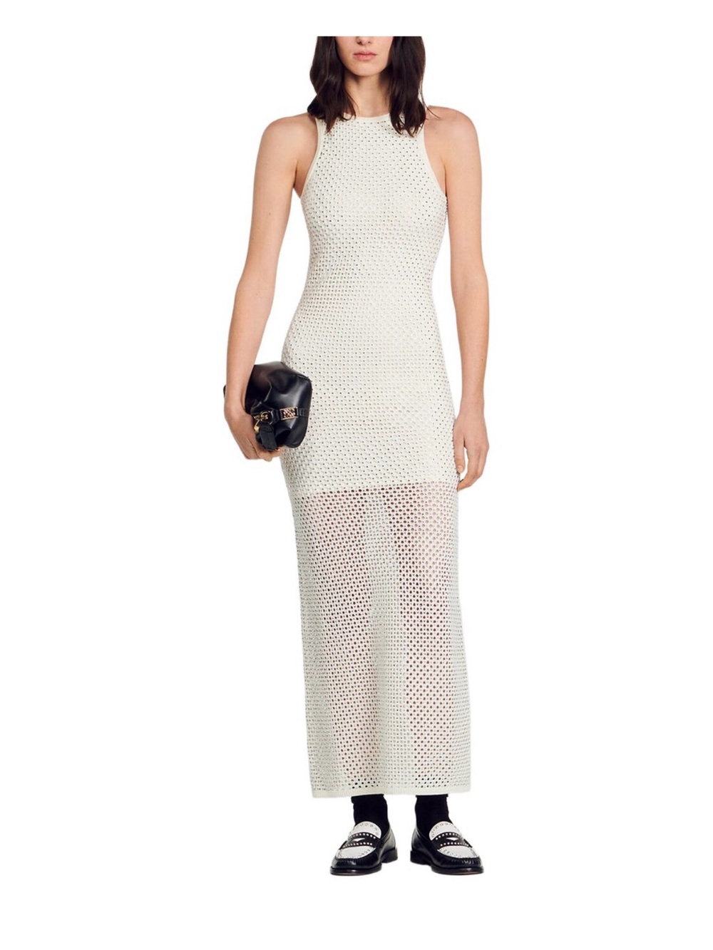 Sandro White Crochet Rhinestone Maxi Dress